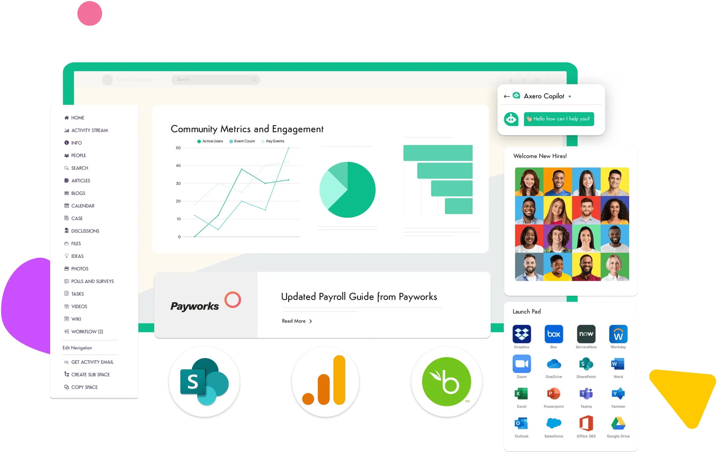 Dashboard illustration showing community metrics and engagement charts.