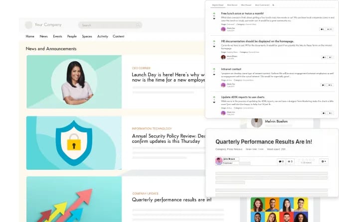 Content options illustration showing a news and announcements dashboard with preview cards.